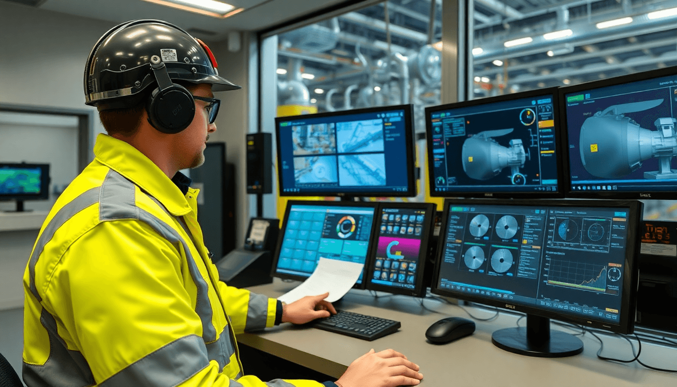 Commissioning engineer performing startup procedures at modern combined cycle power plant